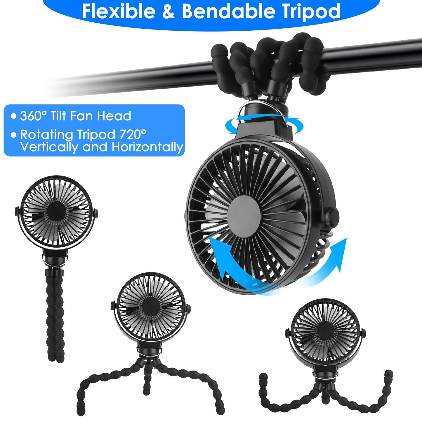Portable Stroller Fan with Flexible Tripod & Rechargeable Battery