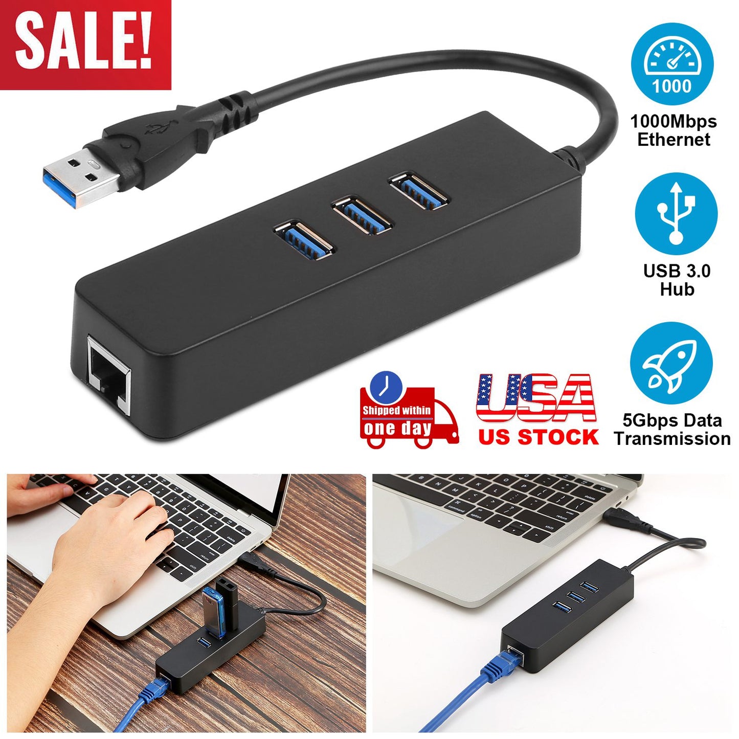USB 3.0 Hub with Gigabit Ethernet Adapter - 3 Port