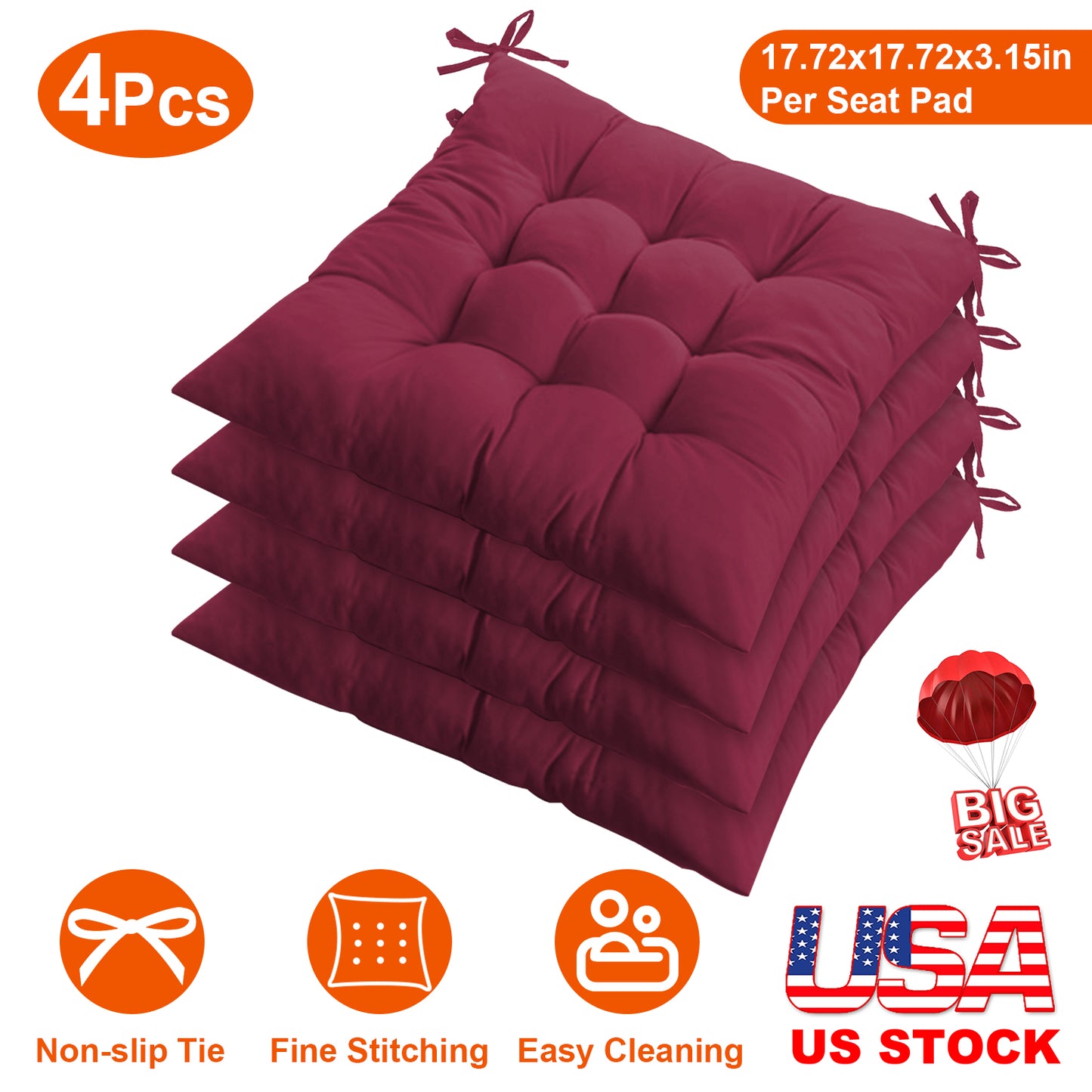 Square Chair Cushion Pads with Ties - 17.72" (Set of 4)