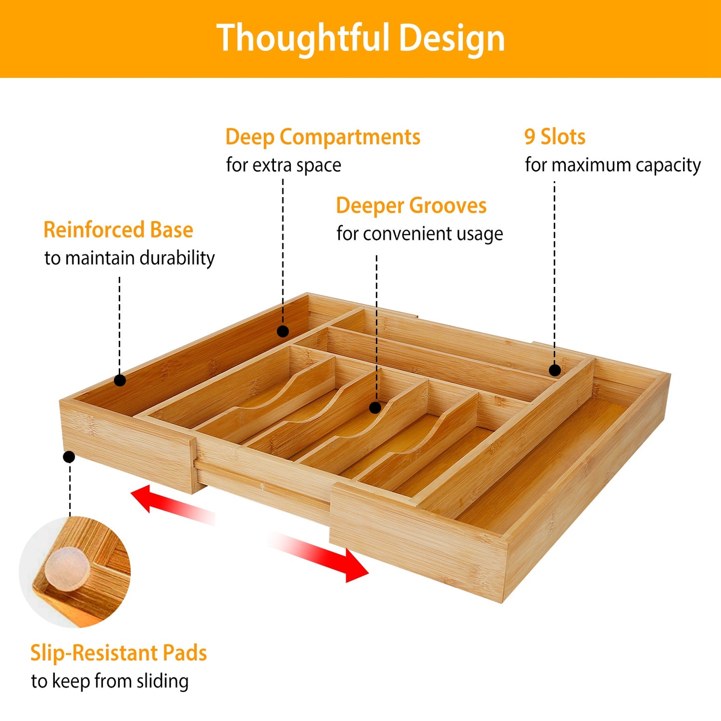 Expandable Bamboo Drawer Organizer with 9 Compartments