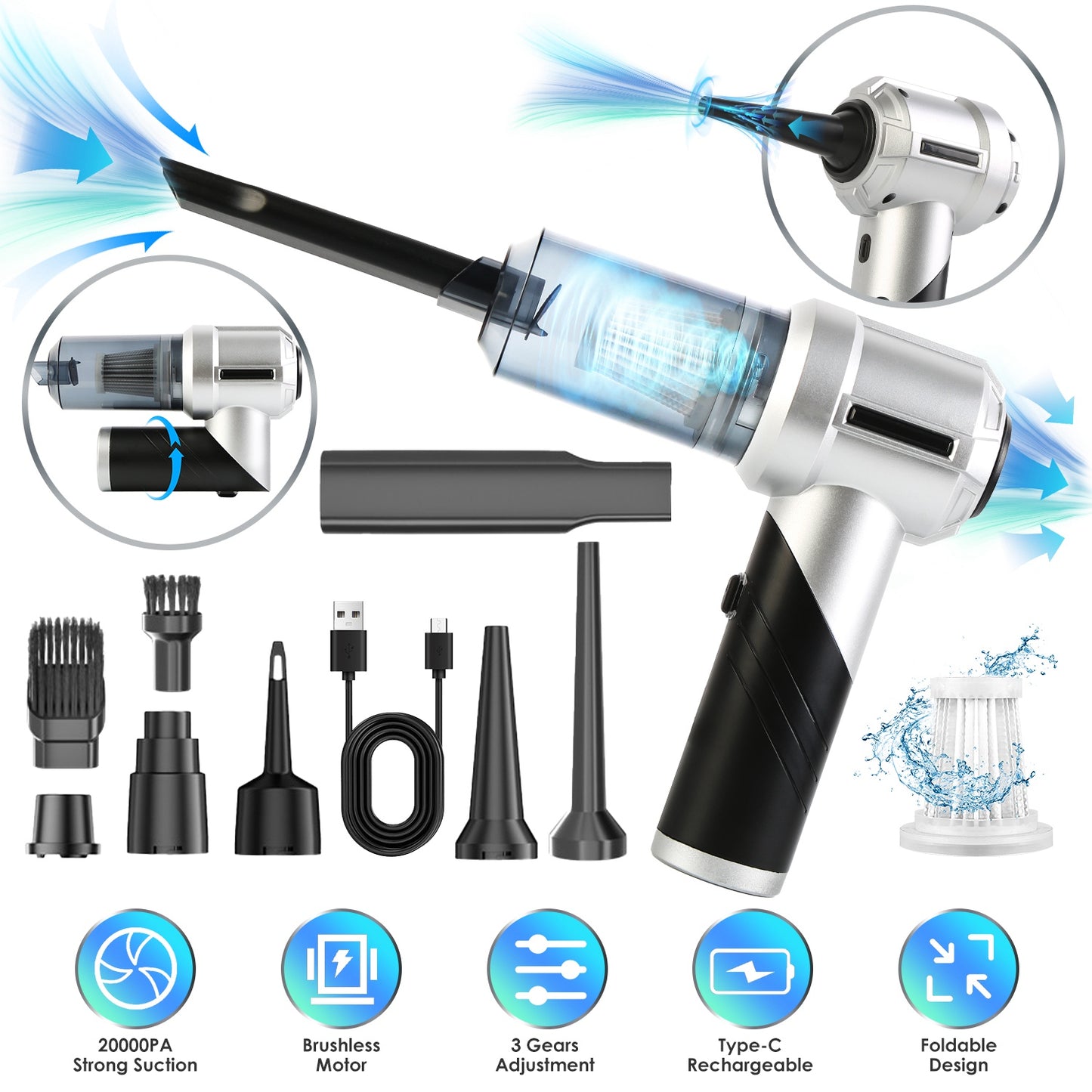 Cordless Car Vacuum Cleaner with 20000PA Suction & Brushless Motor