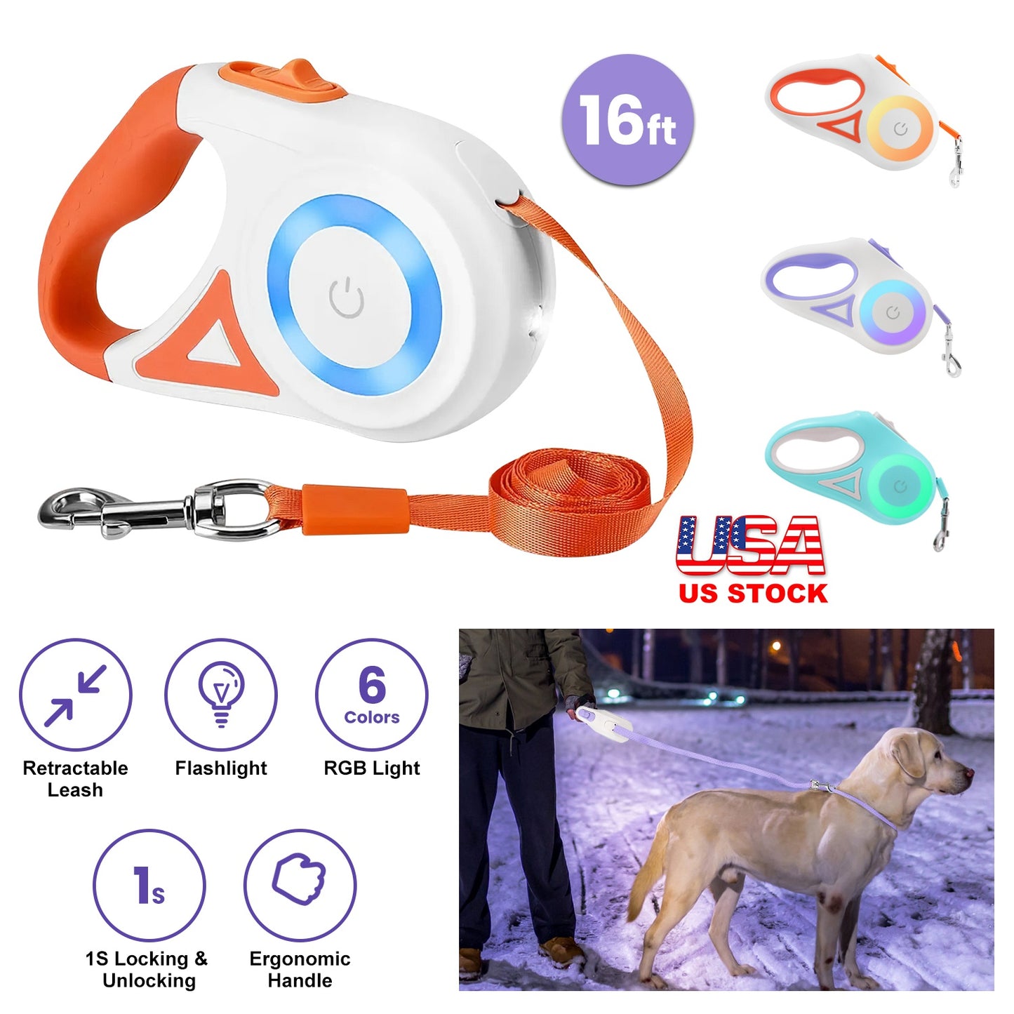 Retractable Dog Leash 16FT with LED Flashlight & Waste Bags
