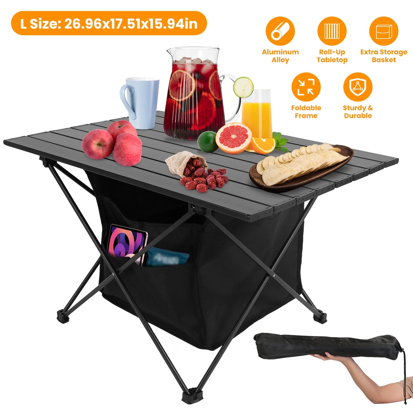 Foldable Camping Table with Storage Basket and Carrying Bag