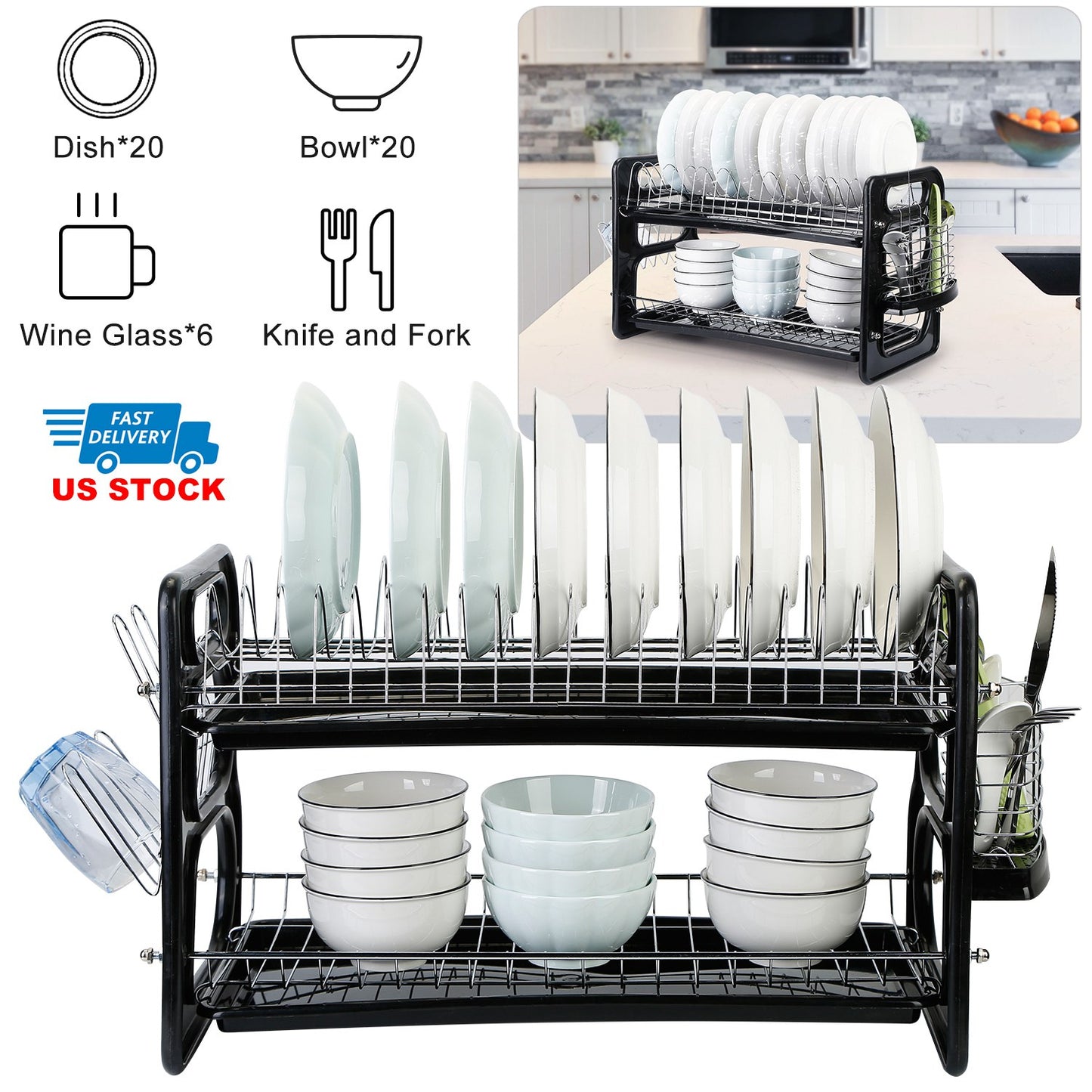2-Tier Dish Drying Rack with Drainboard and Cup Holder
