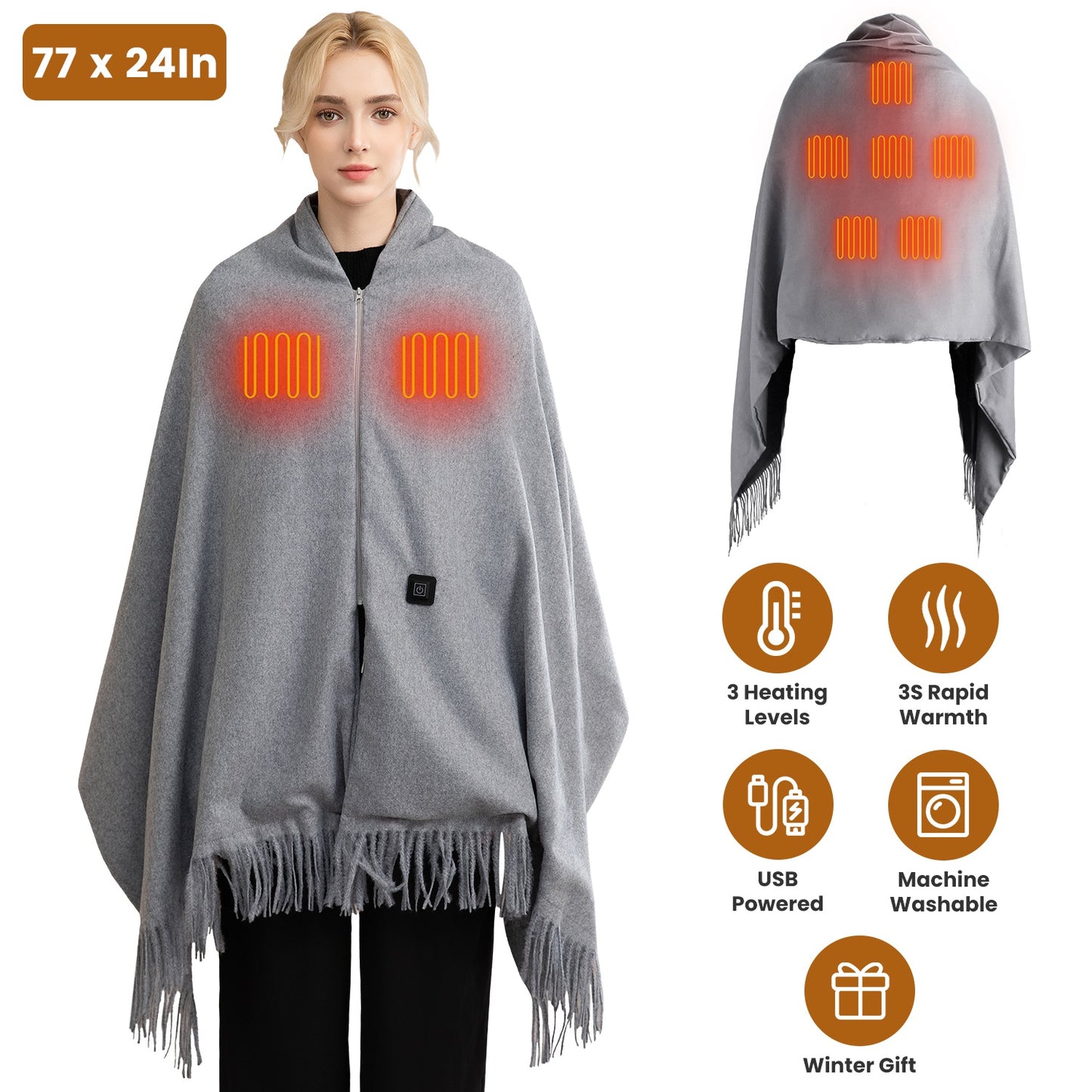 USB Heated Shawl with 3 Heat Levels and Zipper