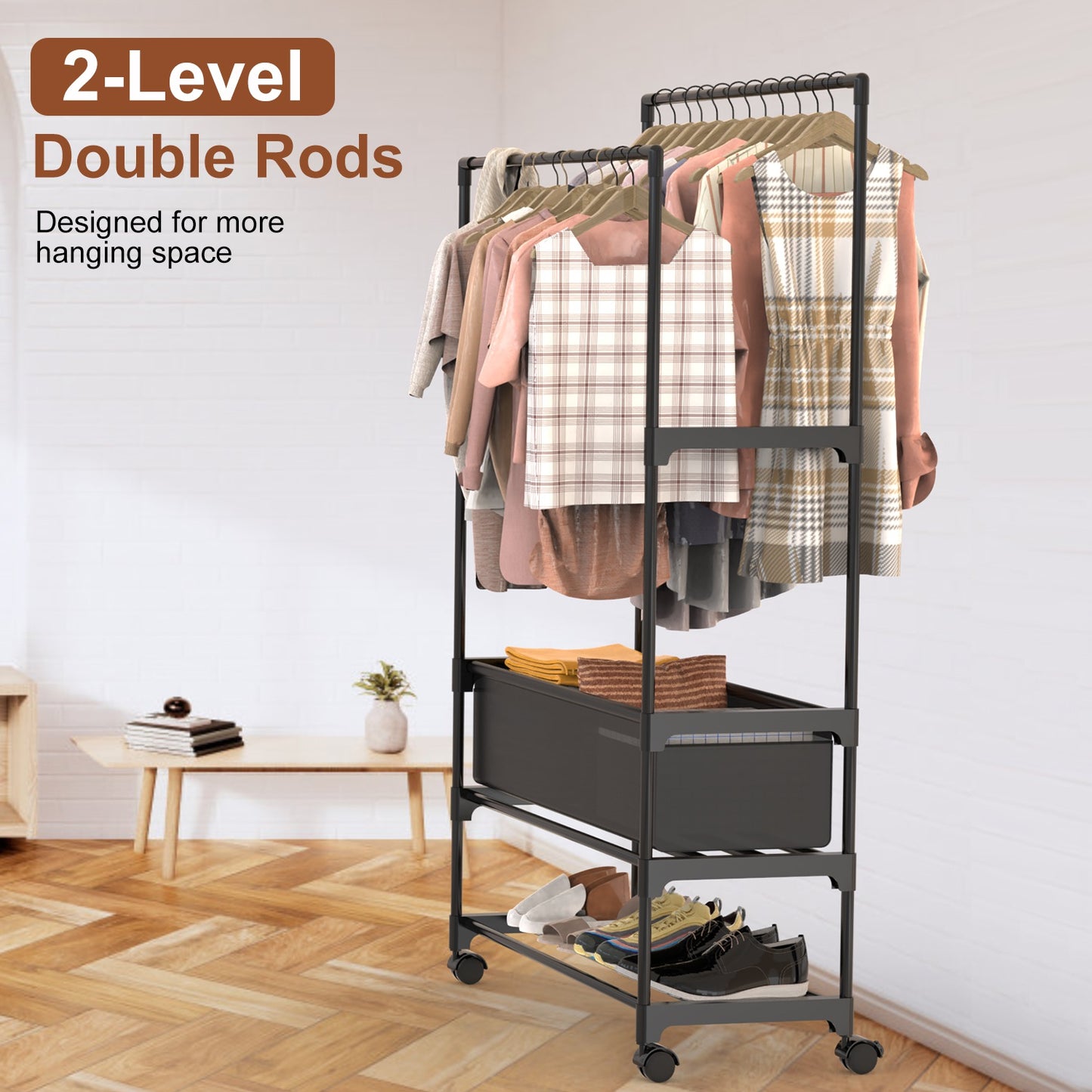 Double Rod Garment Rack with Storage Bag and Lockable Wheels
