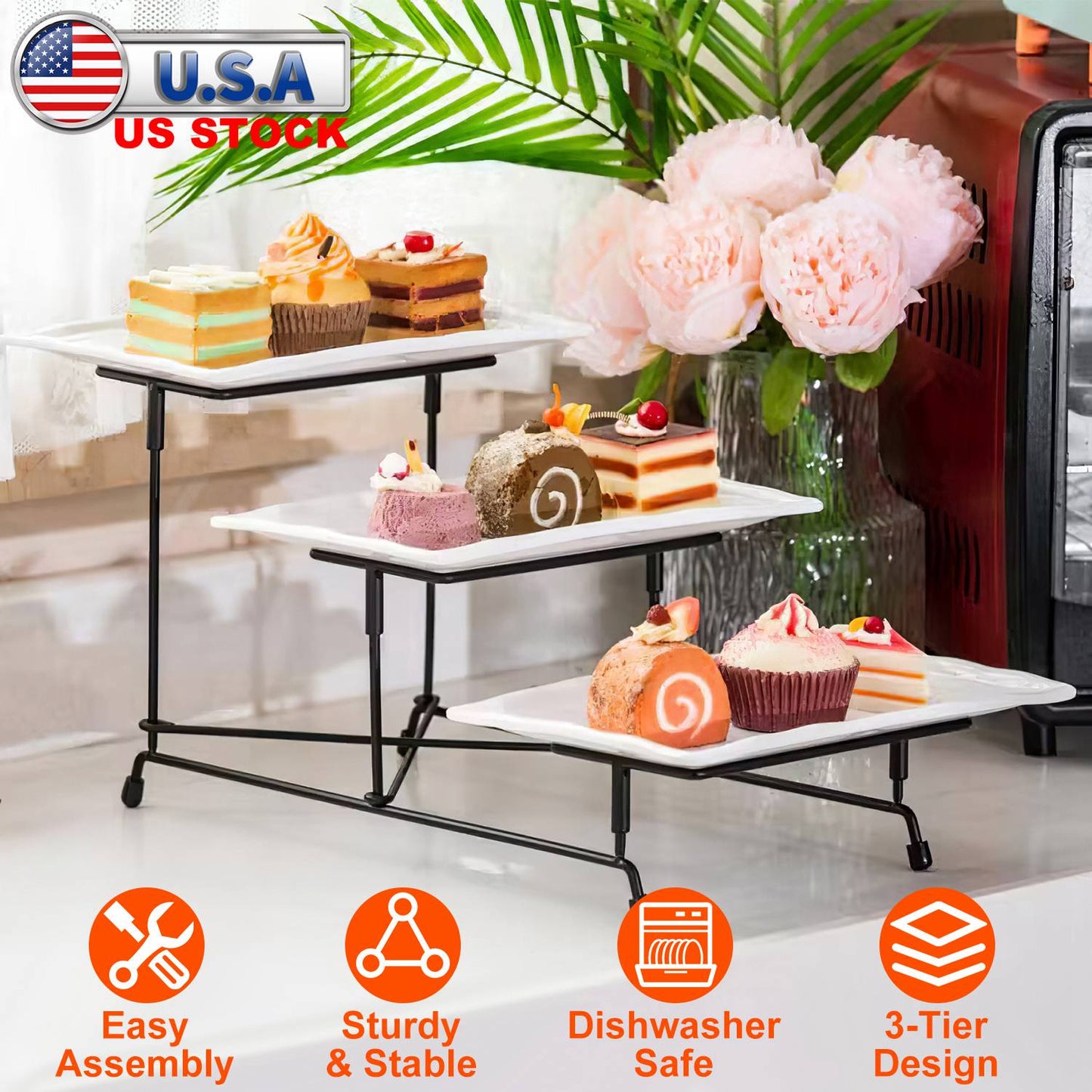 3-Tier Serving Tray with Adjustable Stand - White & Black