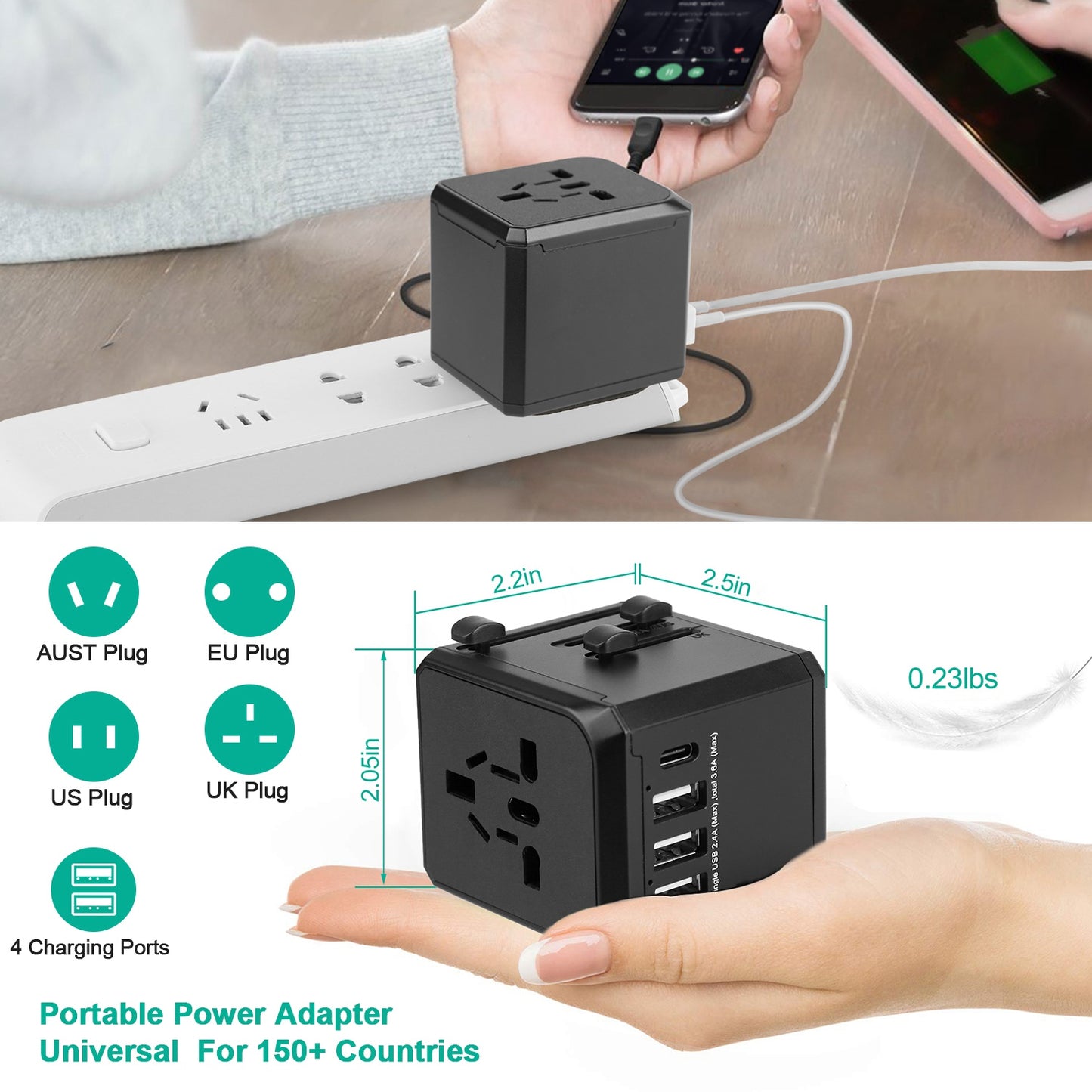 Universal Travel Adapter with 4 USB Ports for 150+ Countries