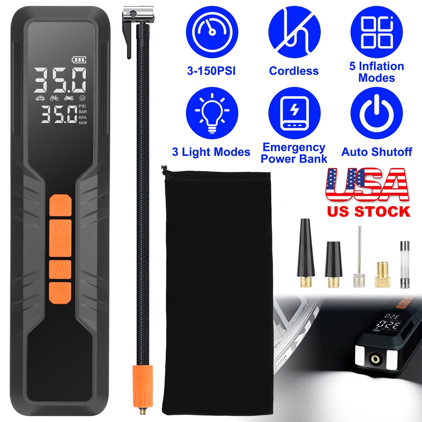 Portable Tire Inflator 150PSI Cordless Air Compressor