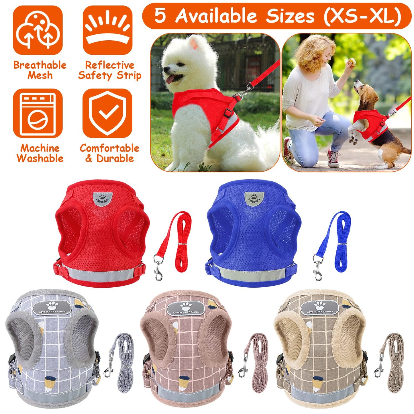 Reflective Dog Harness and Leash Set with Adjustable Mesh Vest