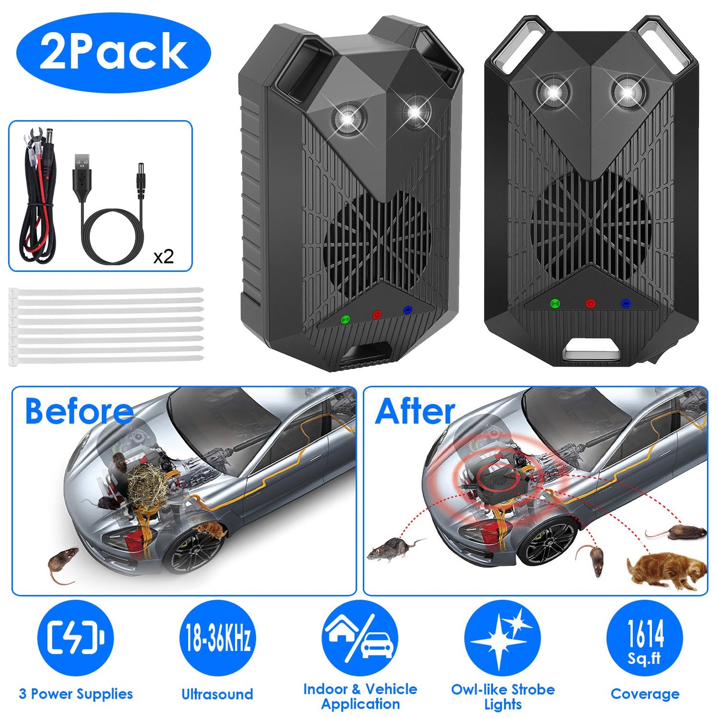 Ultrasonic Rodent Repeller 2-Pack for Vehicles with Strobe Light