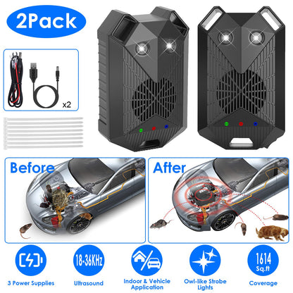 Ultrasonic Rodent Repeller 2-Pack for Vehicles with Strobe Light
