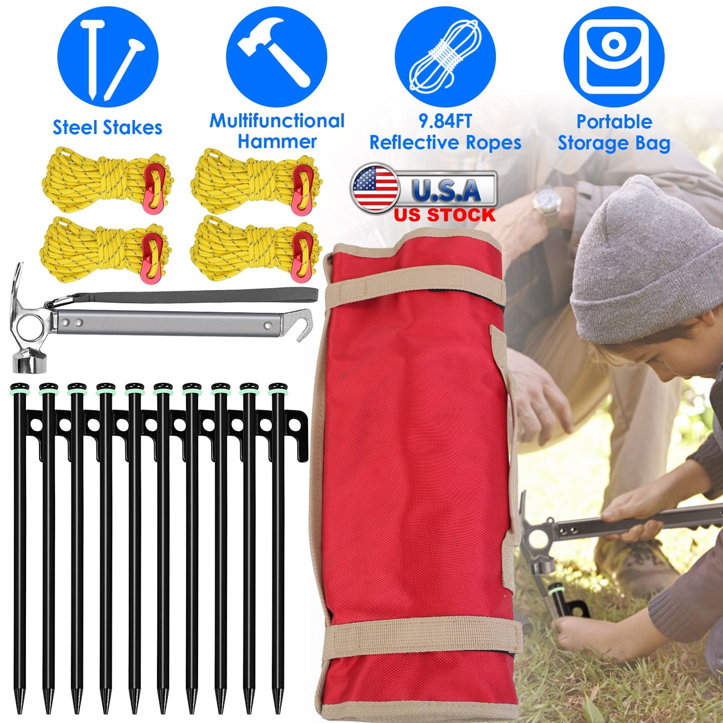 Tent Stakes Kit with Hammer and Reflective Ropes - 10 Stakes