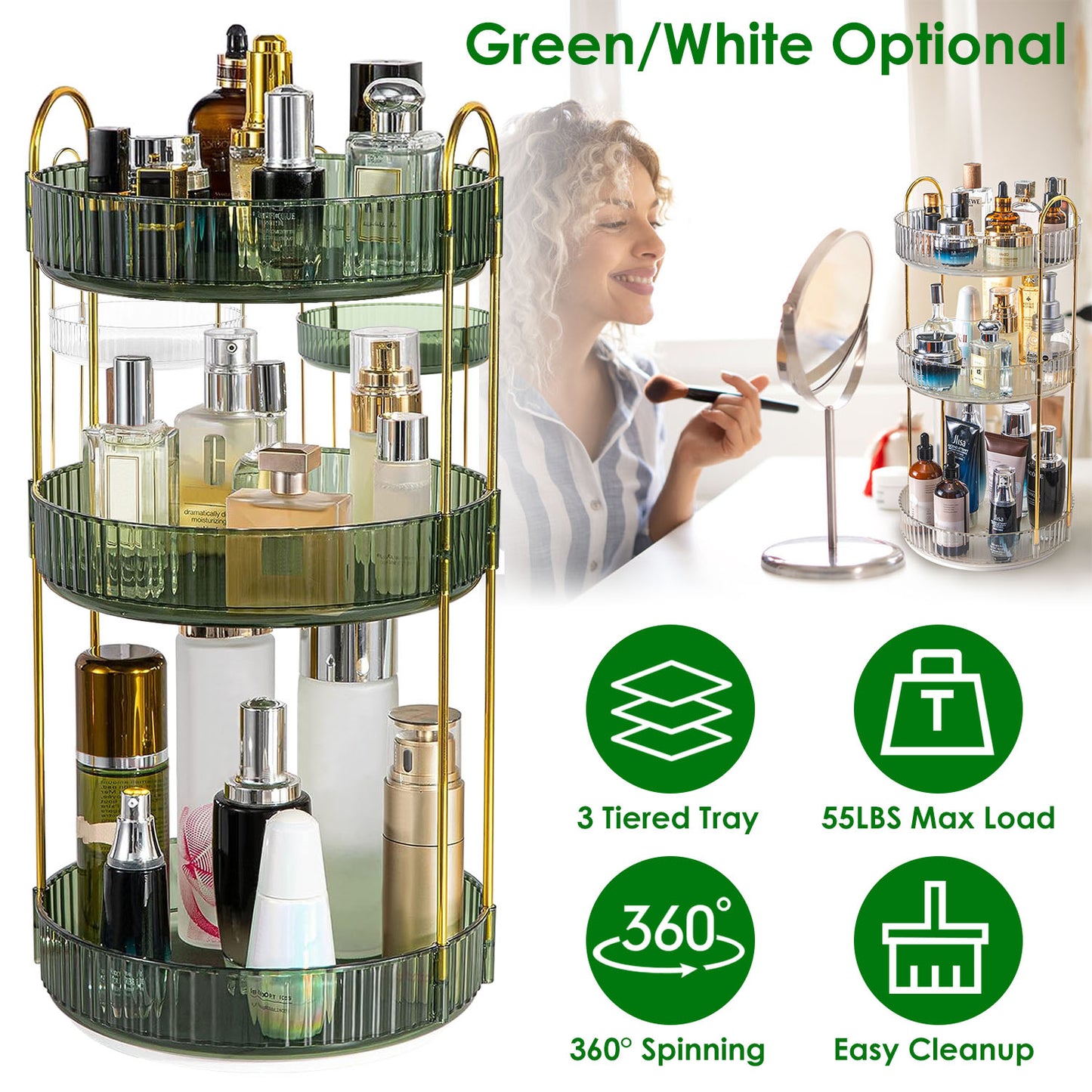 3-Tier Rotating Makeup Organizer with 360° Spin