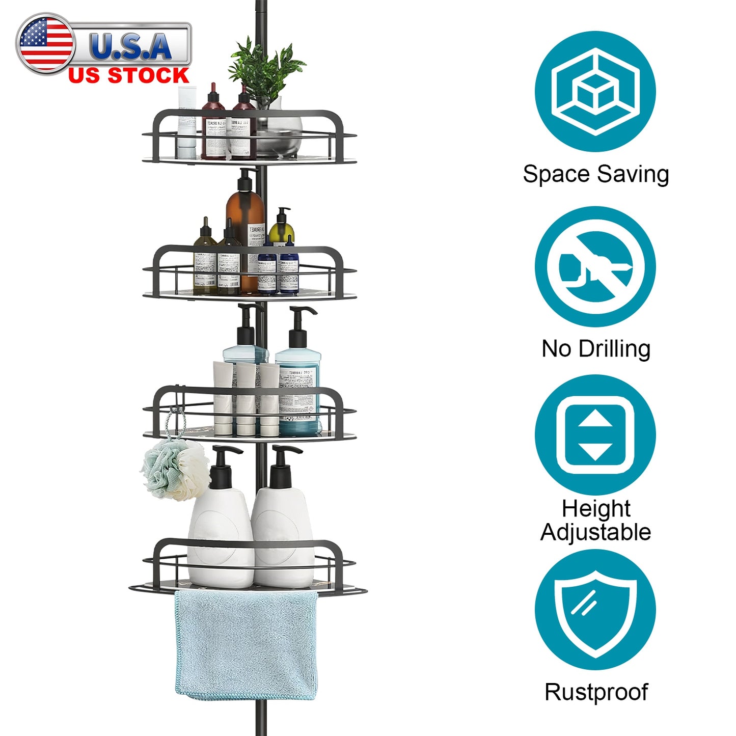 Corner Shower Caddy with 4 Adjustable Shelves