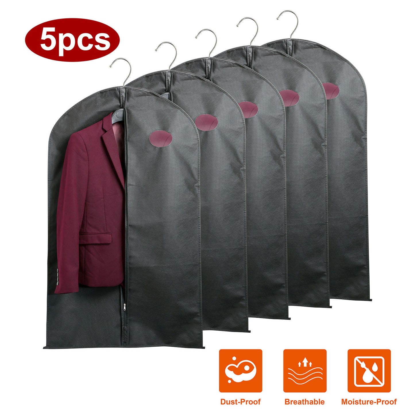 Garment Bags 39" with Zipper - 5 Pack Breathable Suit Covers