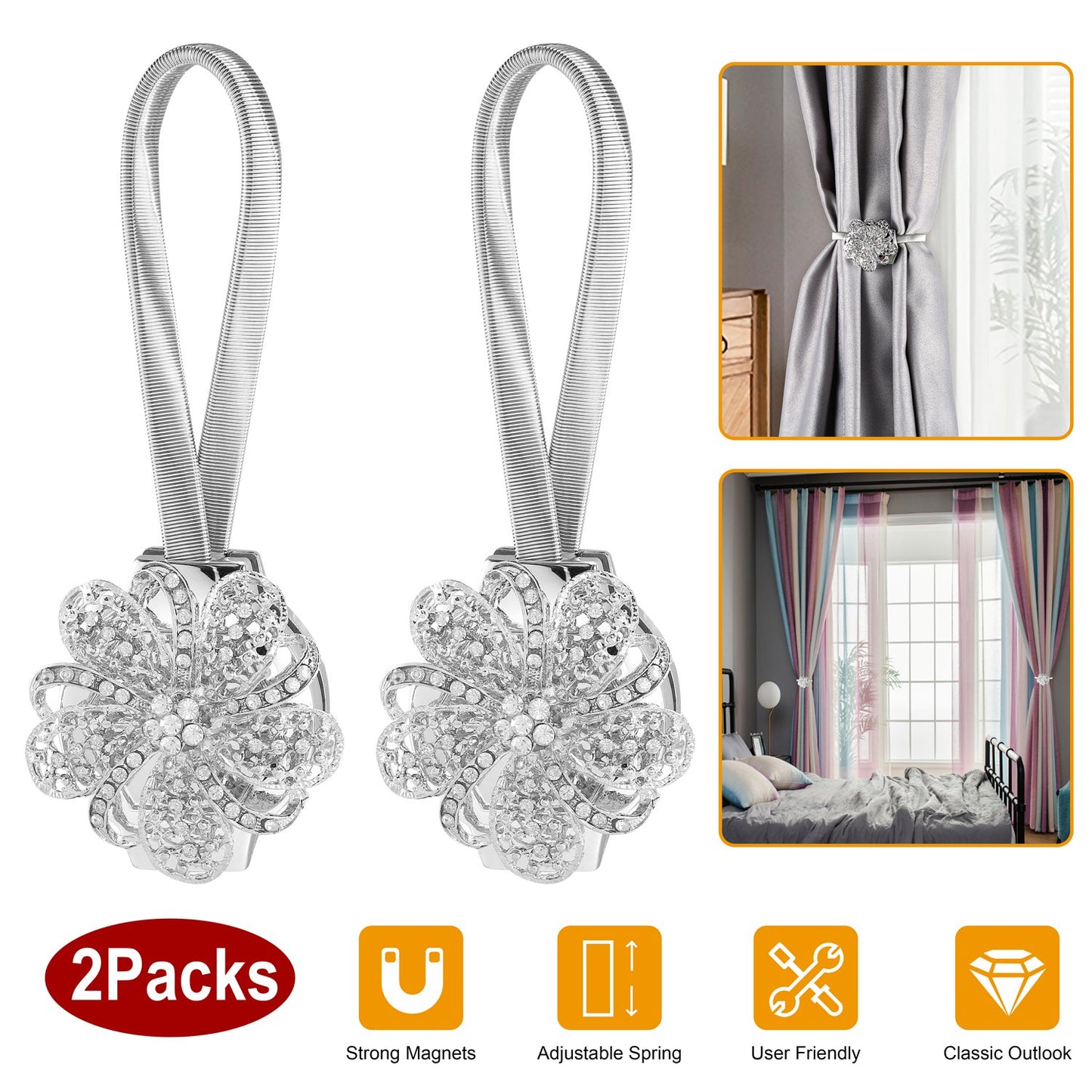 Magnetic Curtain Tiebacks with Floral Crystal Design - 2 Pack