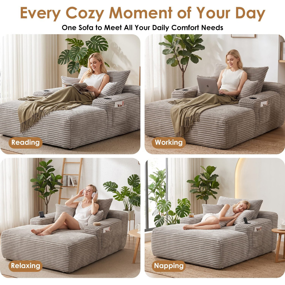 Convertible Chaise Lounge Sleeper Sofa with Cup Holders & Pillows