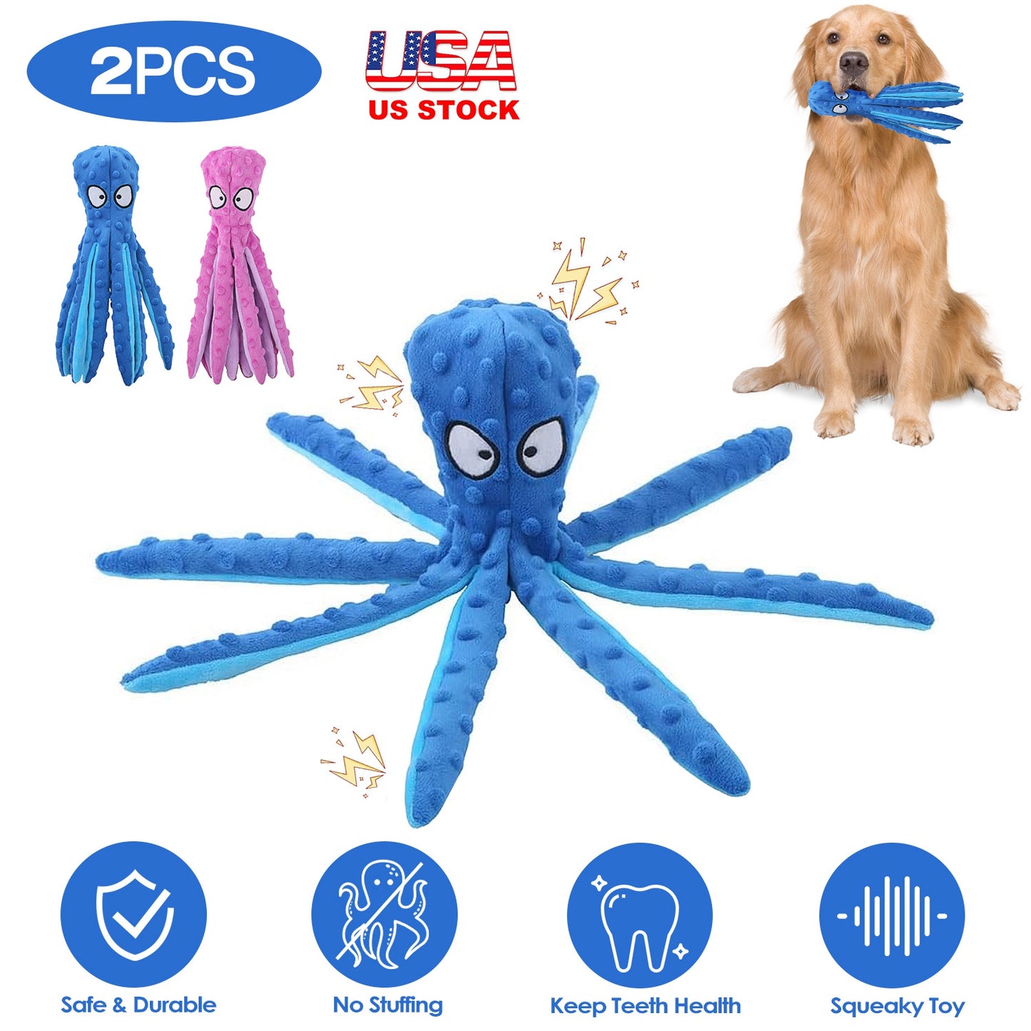 Squeaky Octopus Dog Toy Set - No Stuffing Crinkle Plush
