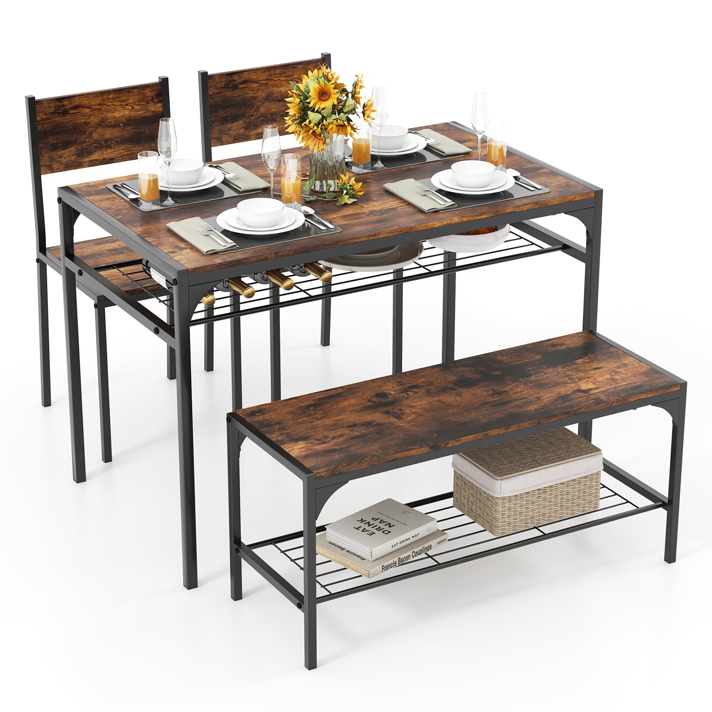 Rectangular Dining Table Set with Bench and 2 Chairs