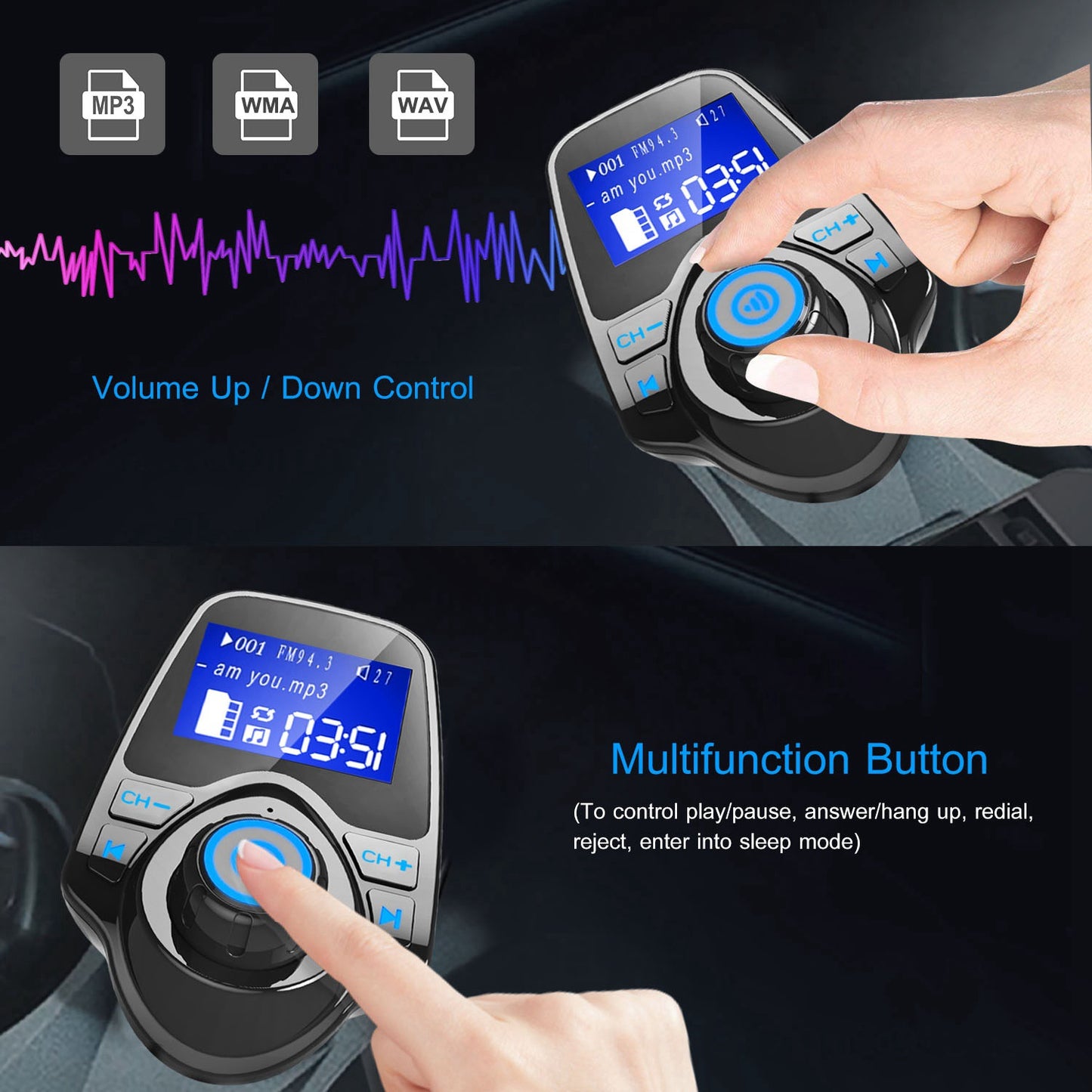 Wireless FM Transmitter with USB Fast Charge & Hands-Free Calling