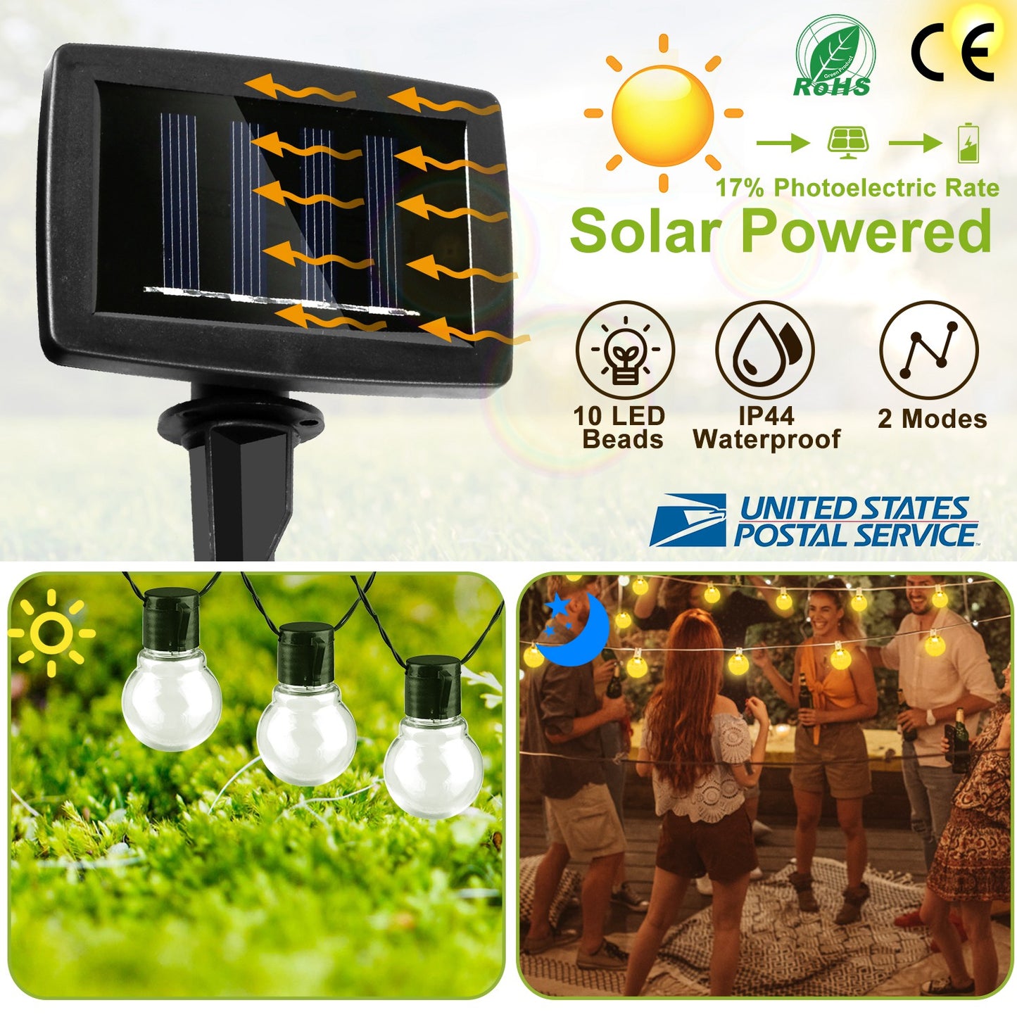 Solar String Lights with 10 LED Bulbs for Outdoor Decor