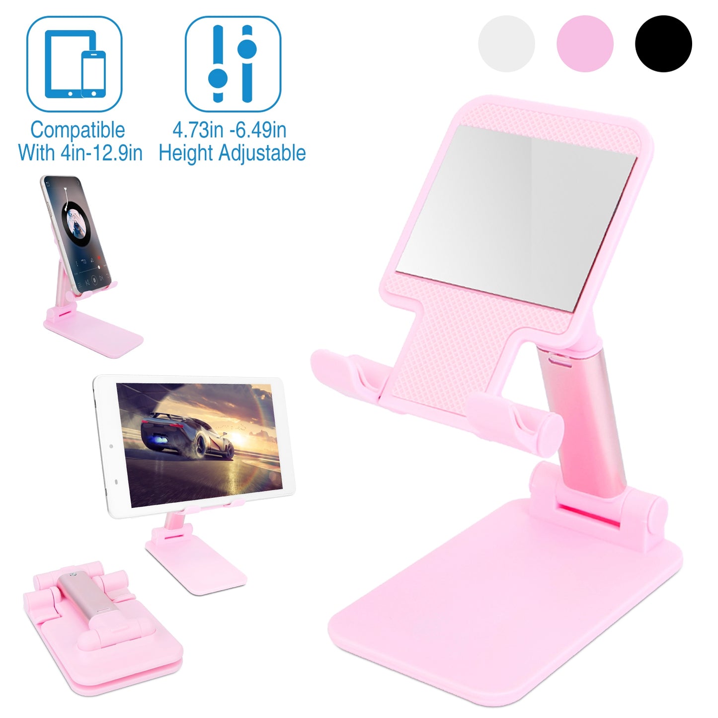 Adjustable Phone Stand for Desk with Mirror - 4-12.9 Inch