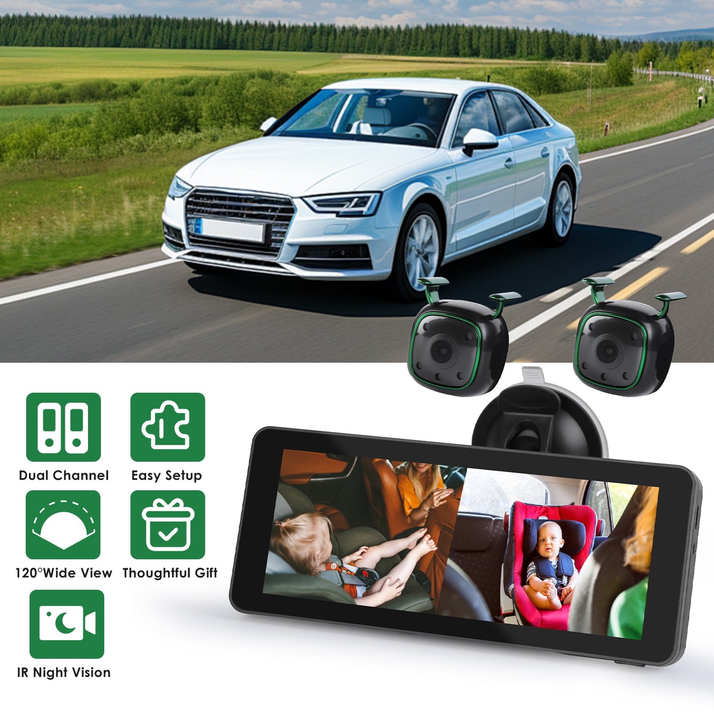 Dual Camera Baby Car Monitor with 6.86" Split Screen & Night Vision