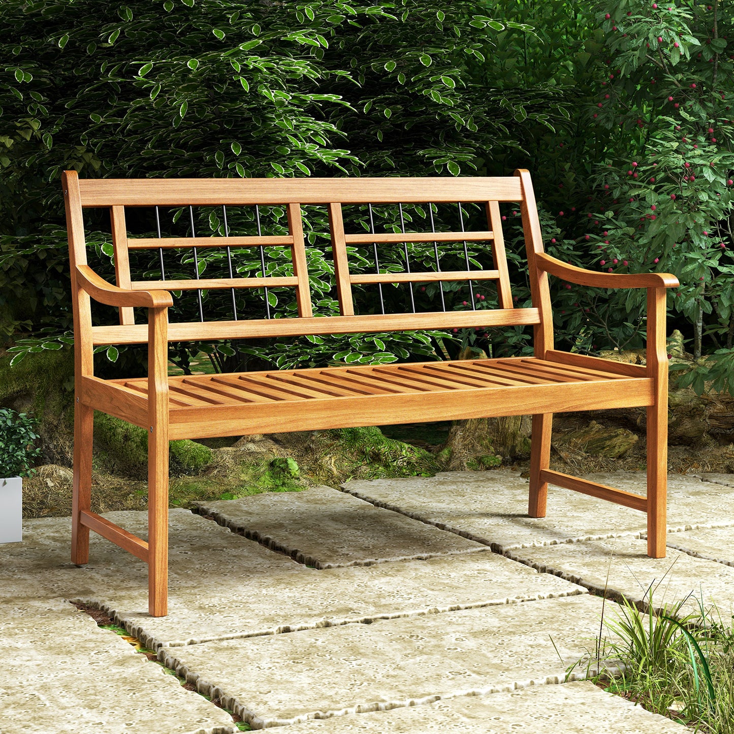 Acacia Wood Patio Bench with Curved Armrests