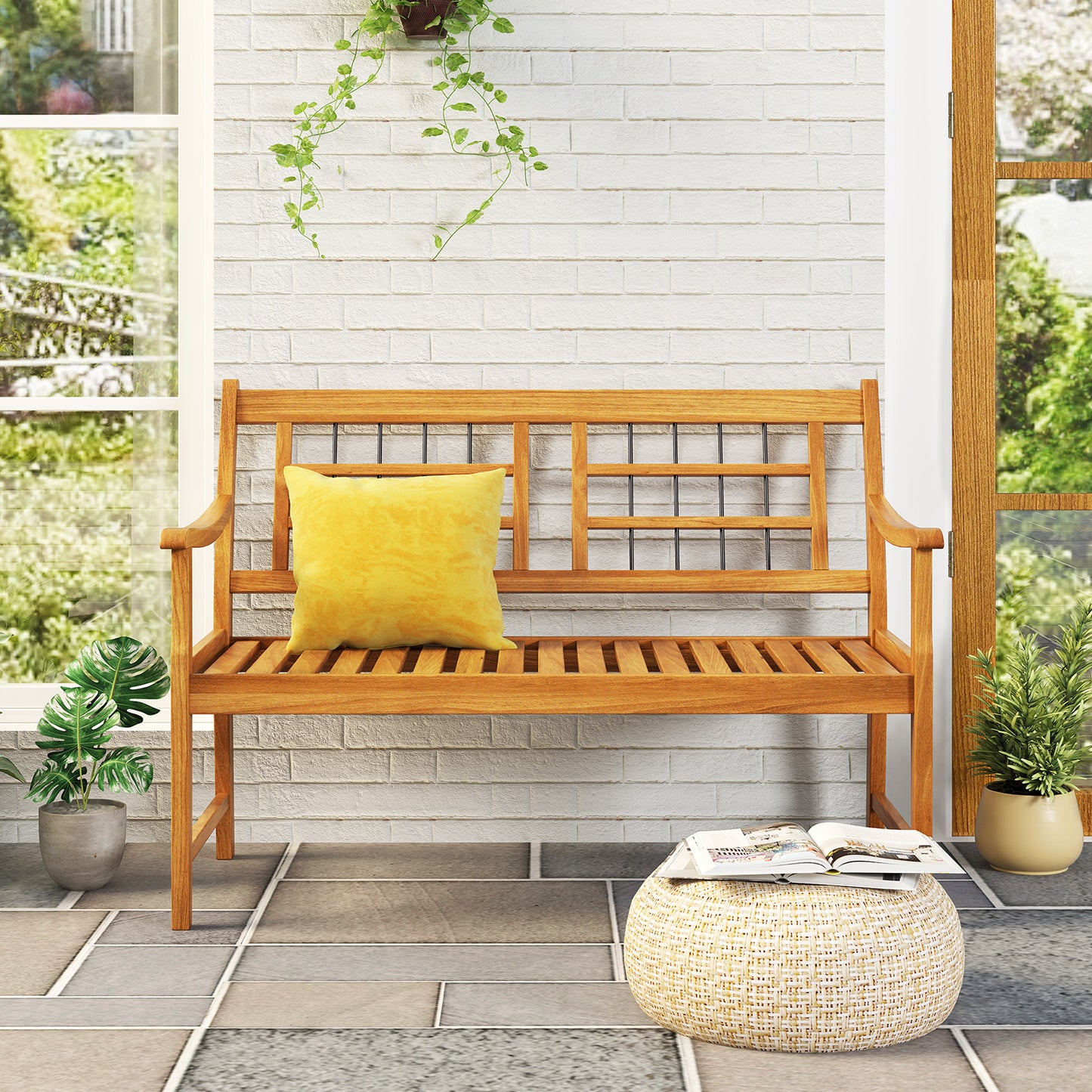 Acacia Wood Patio Bench with Curved Armrests