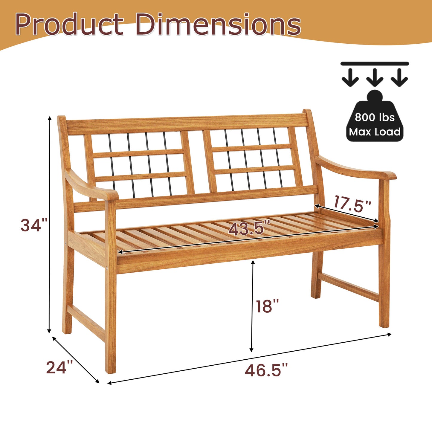 Acacia Wood Patio Bench with Curved Armrests