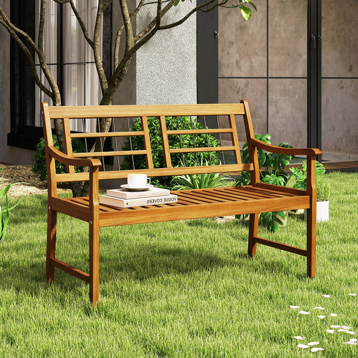 Acacia Wood Patio Bench with Curved Armrests