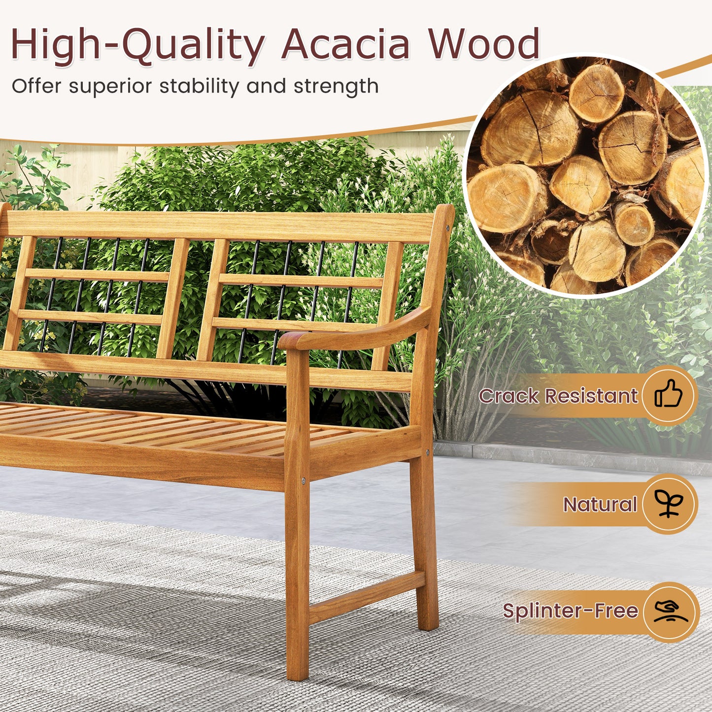 Acacia Wood Patio Bench with Curved Armrests