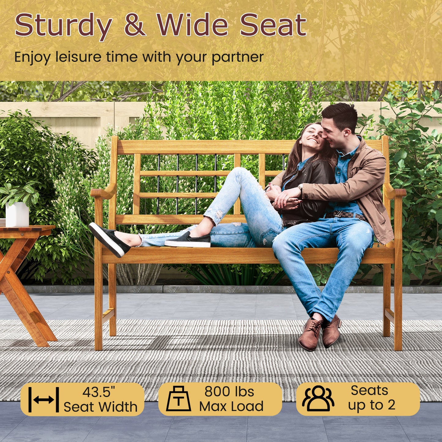 Acacia Wood Patio Bench with Curved Armrests