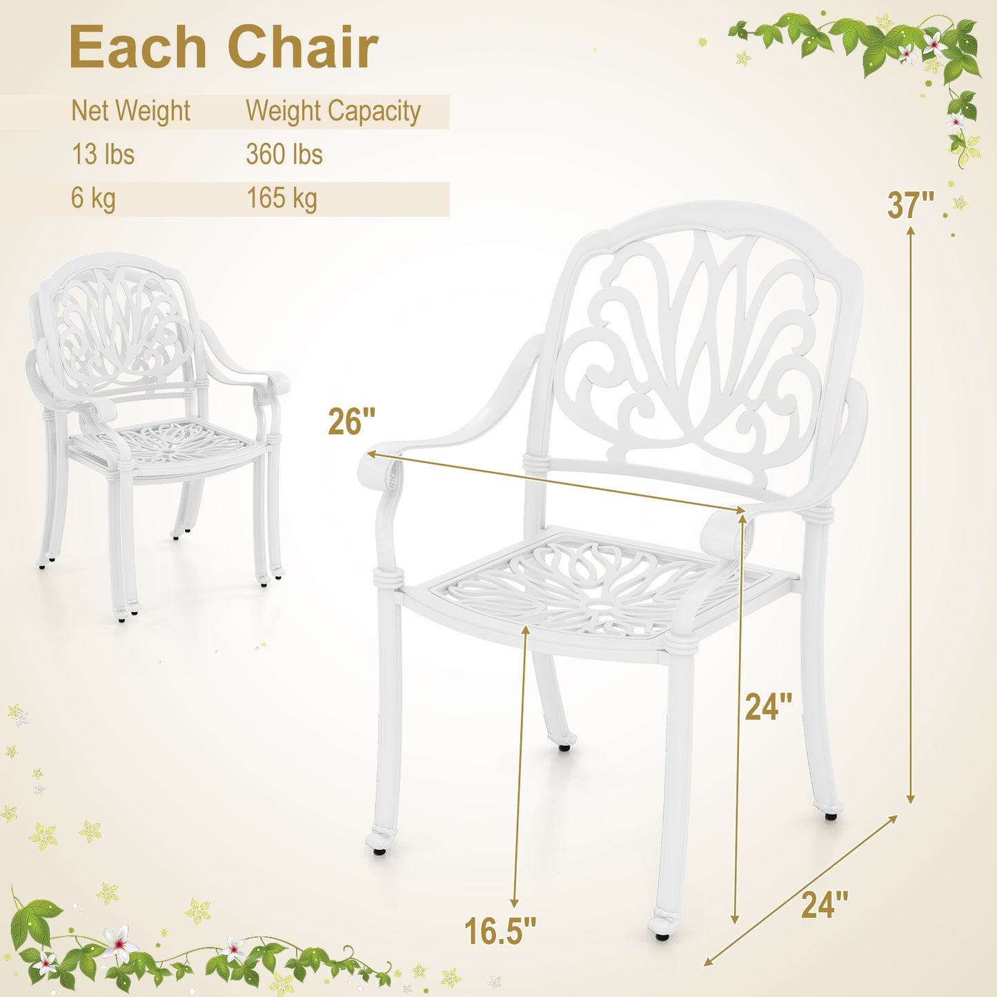 Cast Aluminum Patio Dining Chairs with Armrests - Set of 2
