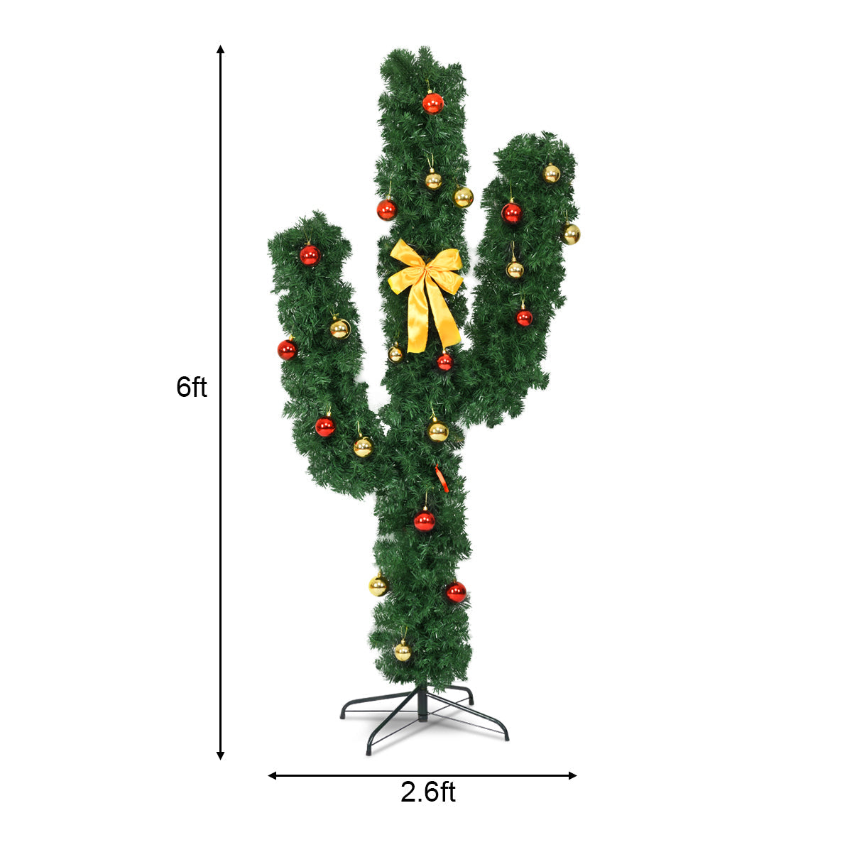 6 Feet Artificial Cactus PVC Christmas Tree with LED Lights and Ball Ornaments