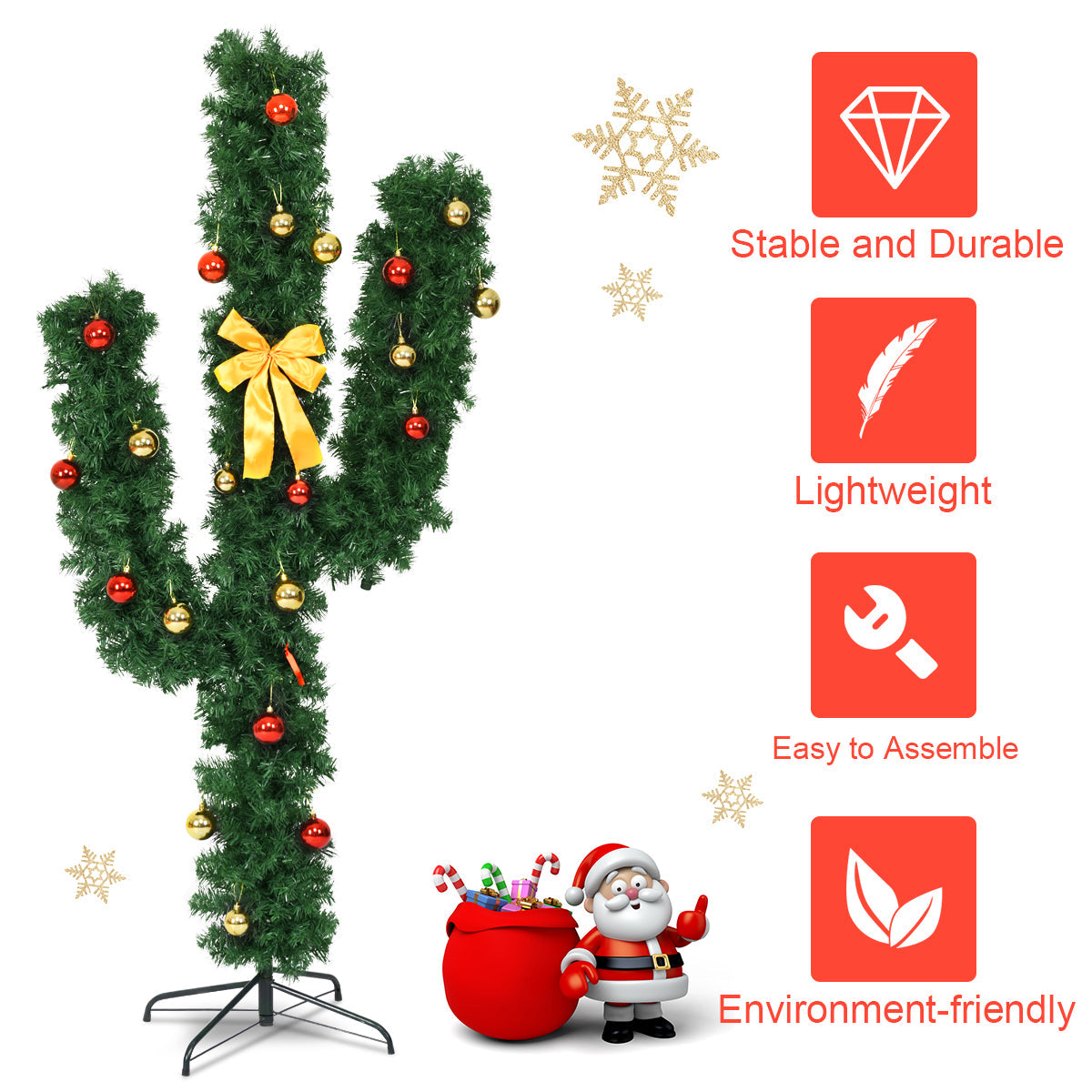 6 Feet Artificial Cactus PVC Christmas Tree with LED Lights and Ball Ornaments