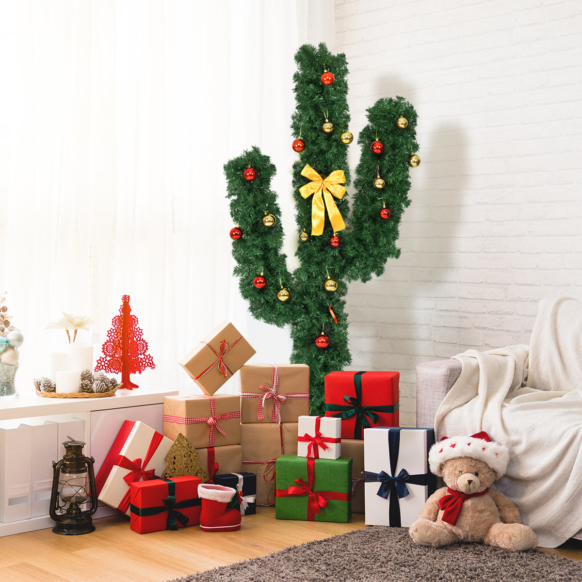 6 Feet Artificial Cactus PVC Christmas Tree with LED Lights and Ball Ornaments