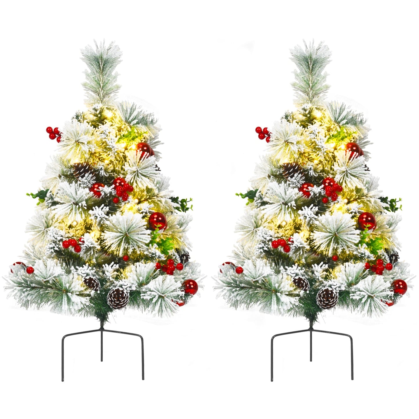 2 Feet Set of 2 Pre-lit Pathway Flocked Christmas Trees Battery Powered