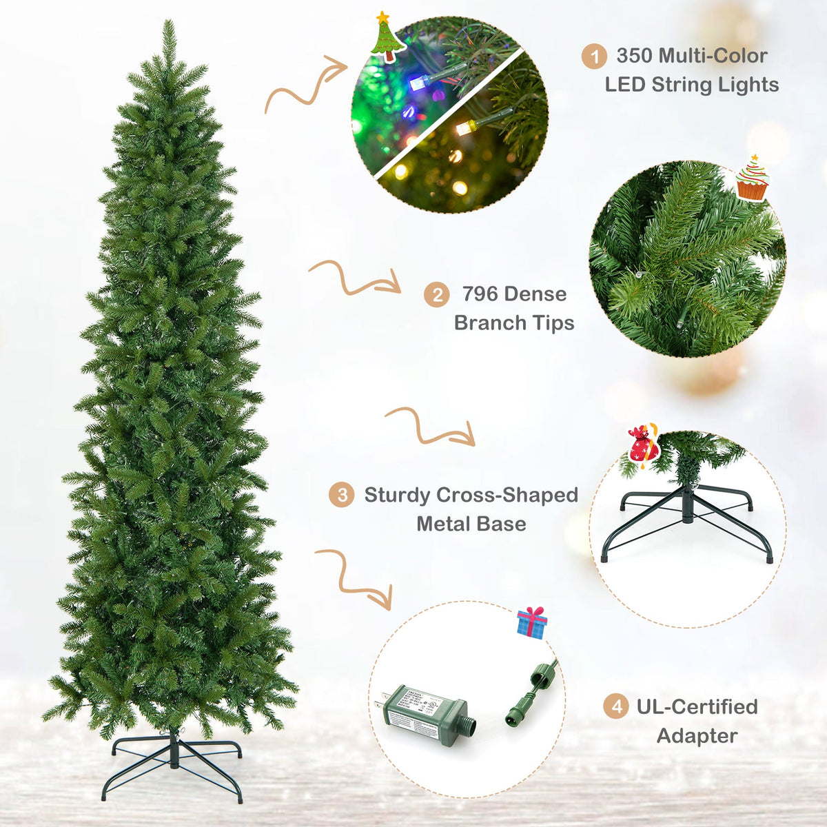7.5 Feet Pre-lit Full Artificial Christmas Tree with Warm White and Multi-color LED Lights
