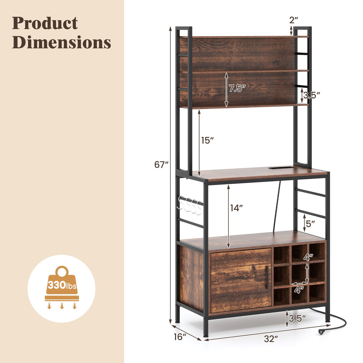 Coffee Bar Cabinet with S-Shaped Hooks and Wine Bottle Holders