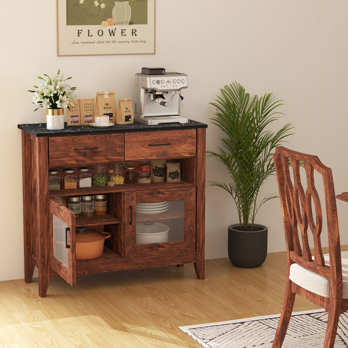 Coffee Bar Cabinet with 2 Drawers and 1 Open Compartment-Brown
