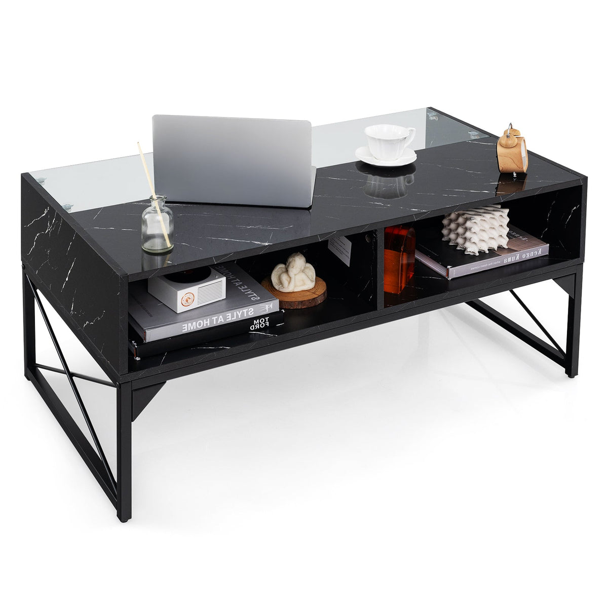 Center Table with Faux Marble and Tempered Glass Top