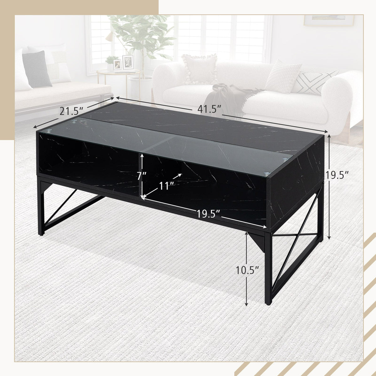 Center Table with Faux Marble and Tempered Glass Top