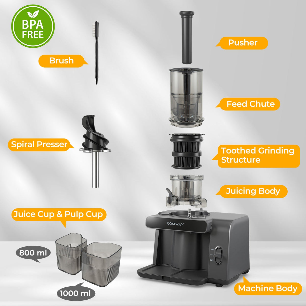 Cold Press Juicer with 5.3 Inches Feed Chute High Juice Yield and Reverse Function