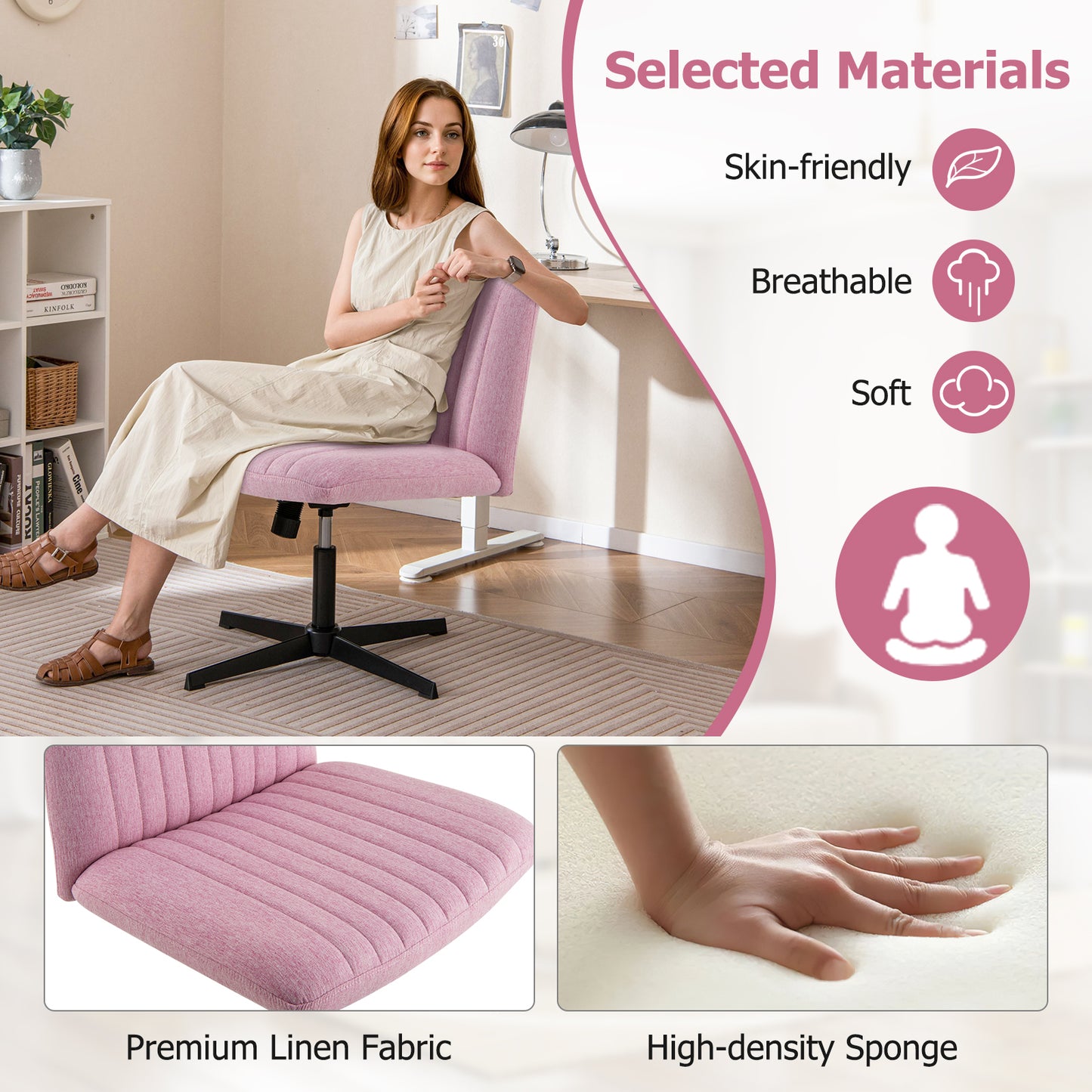 Armless Rocking Office Chair with Adjustable Height - Beige