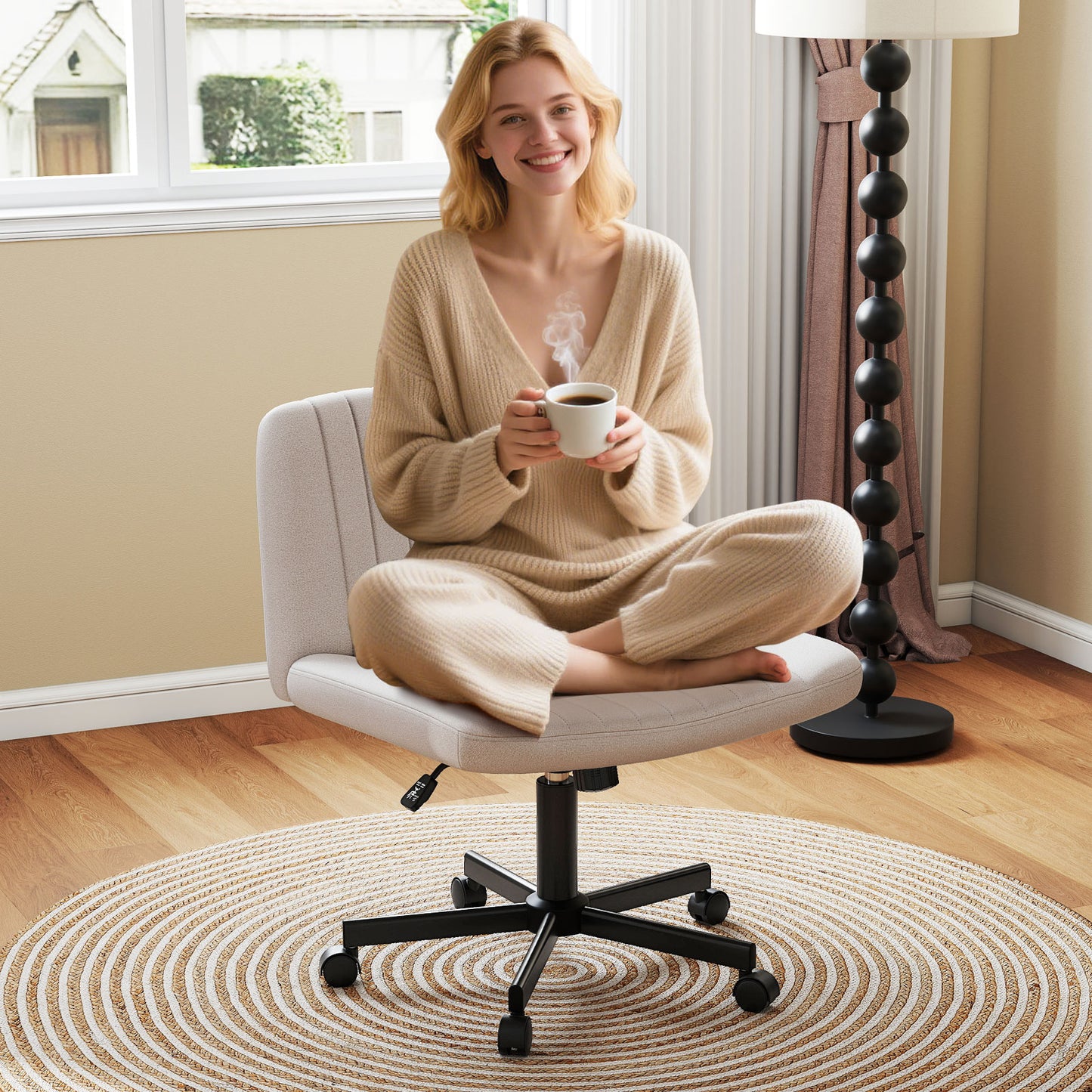 Cross-Legged Swivel Desk Chair with Wheels and Wide Seat