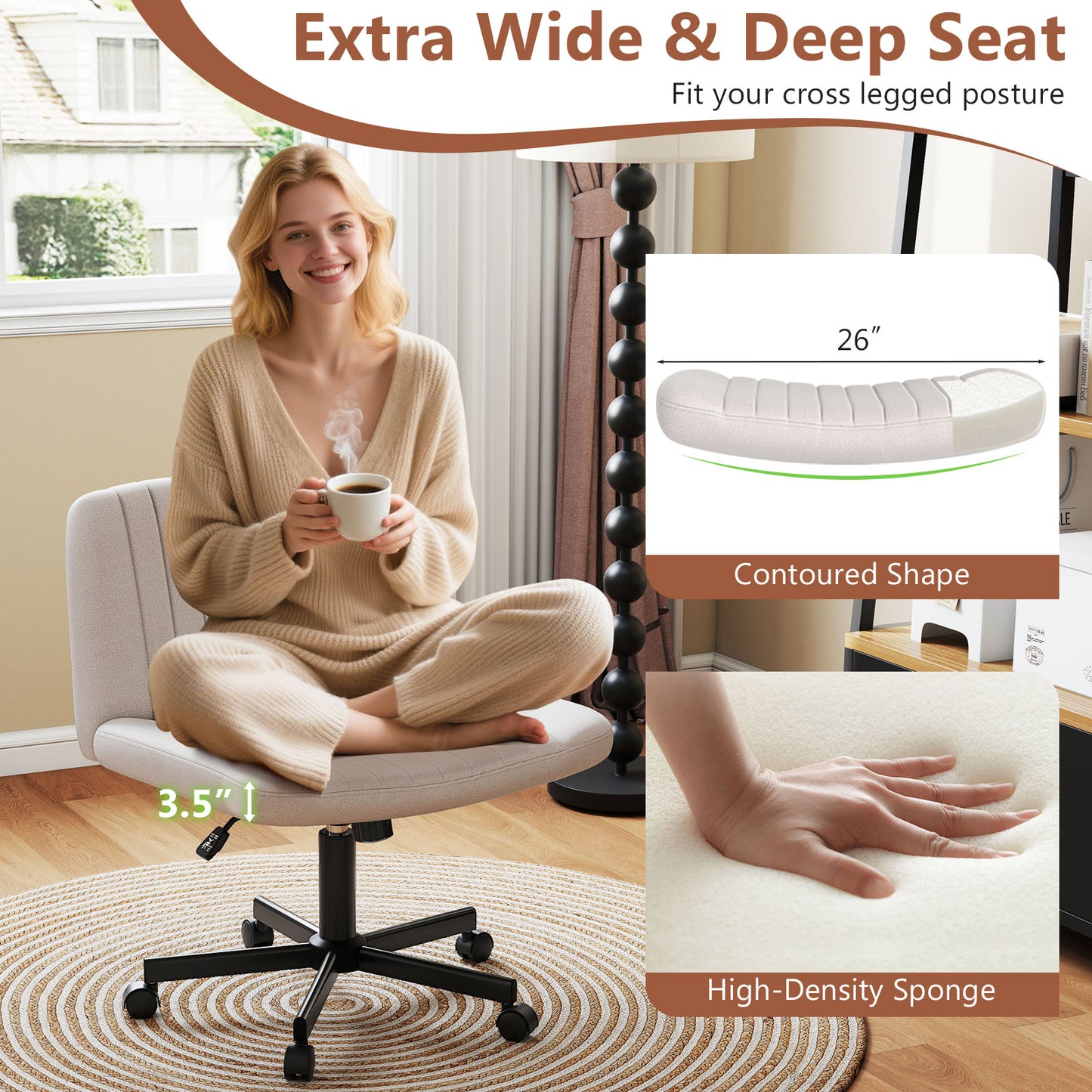 Cross-Legged Swivel Desk Chair with Wheels and Wide Seat