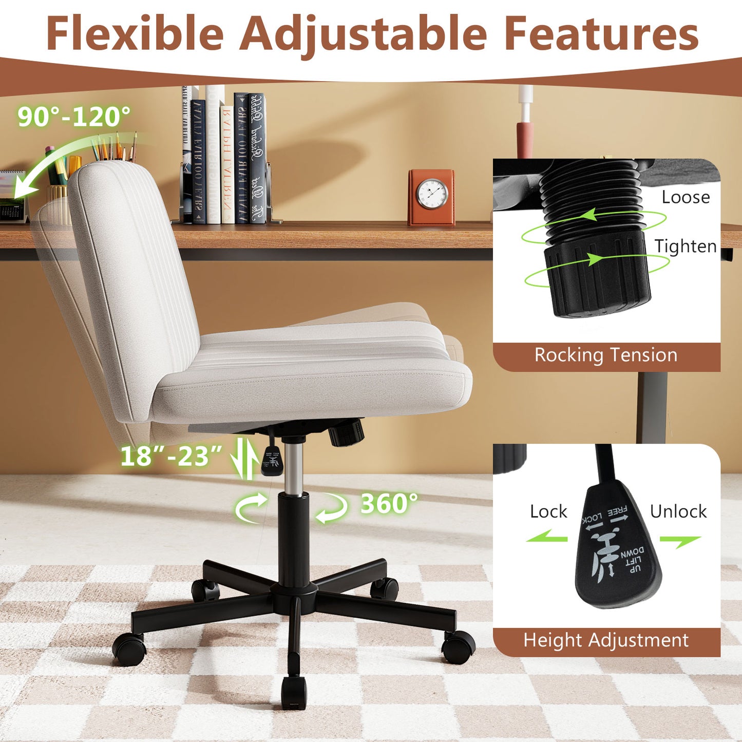 Cross-Legged Swivel Desk Chair with Wheels and Wide Seat