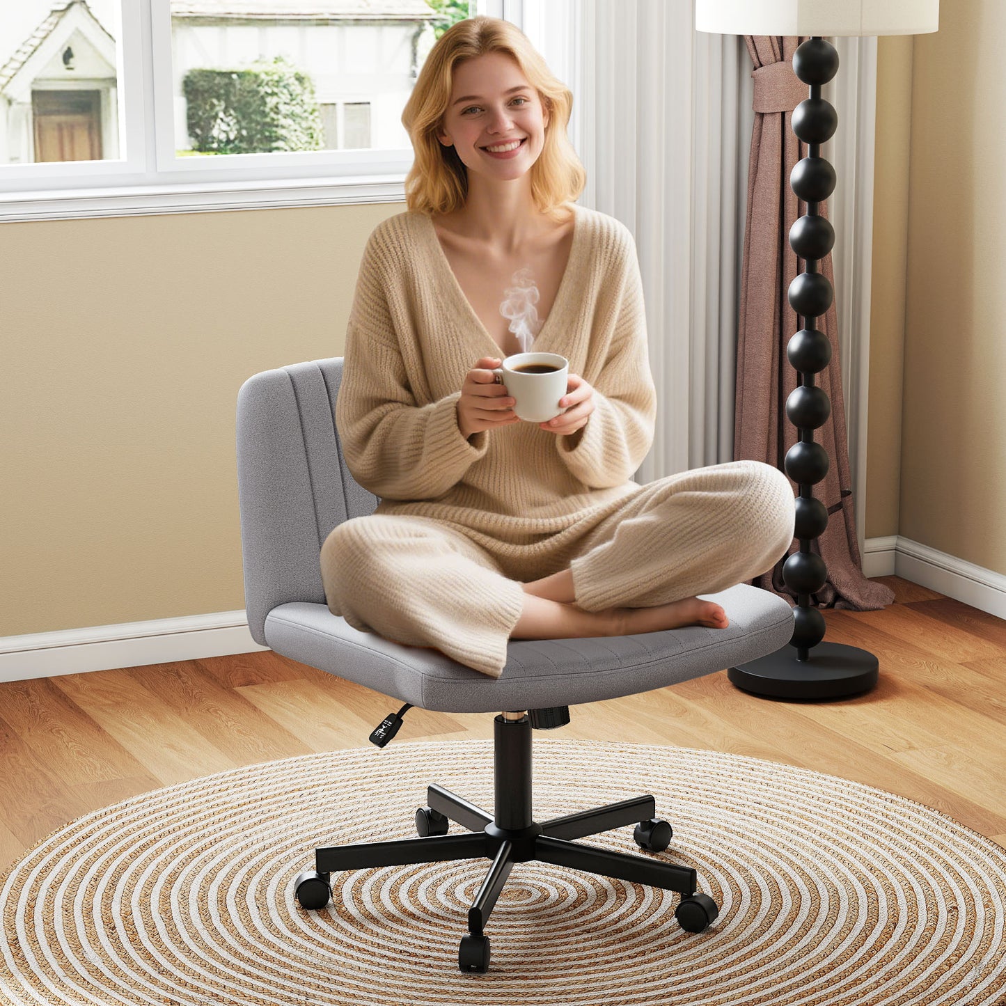 Cross-Legged Swivel Desk Chair with Wheels and Wide Seat